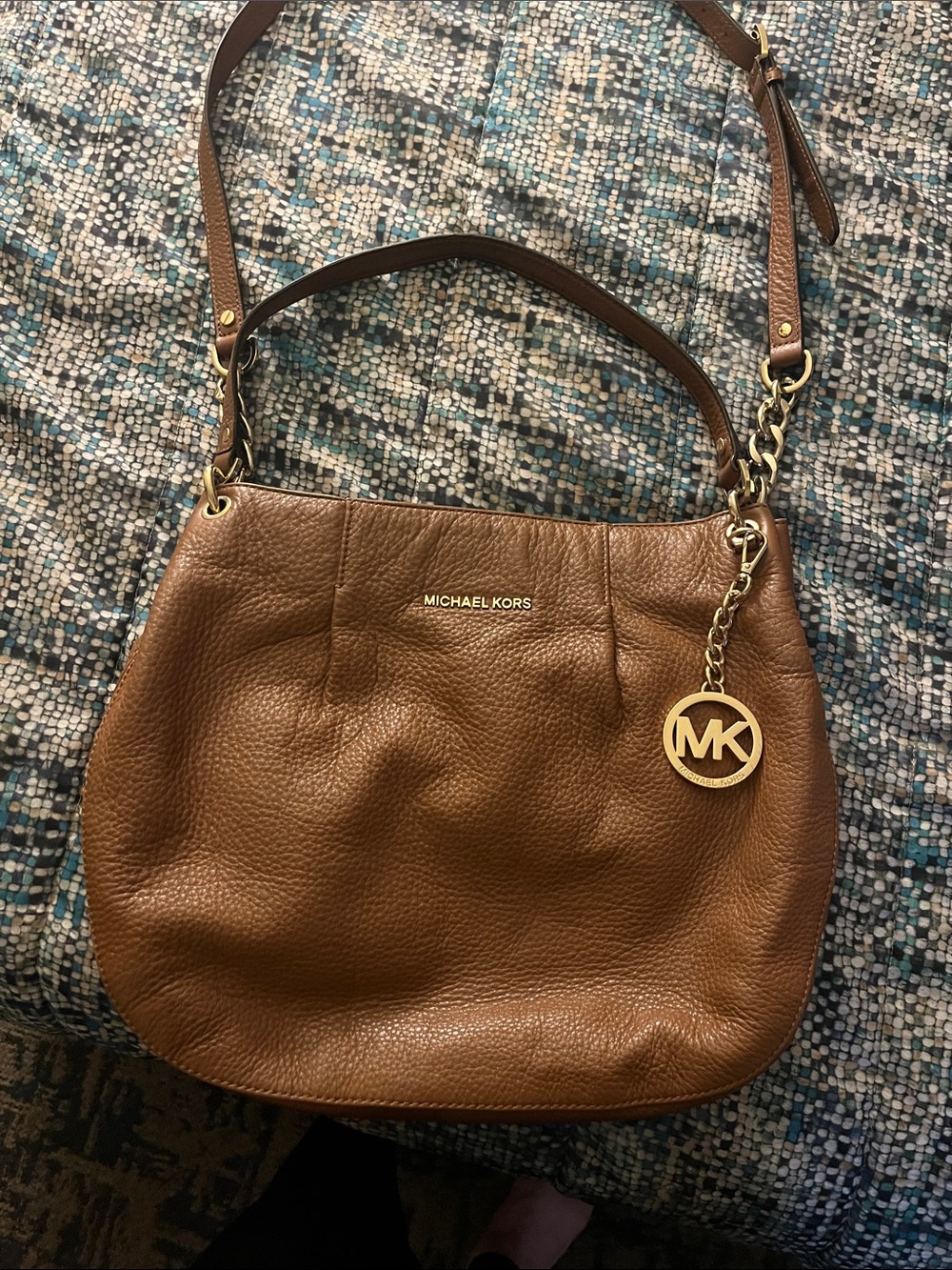 Michael Kors Tan Pebbled Leather Shoulder Bag crossbody with MK Charm